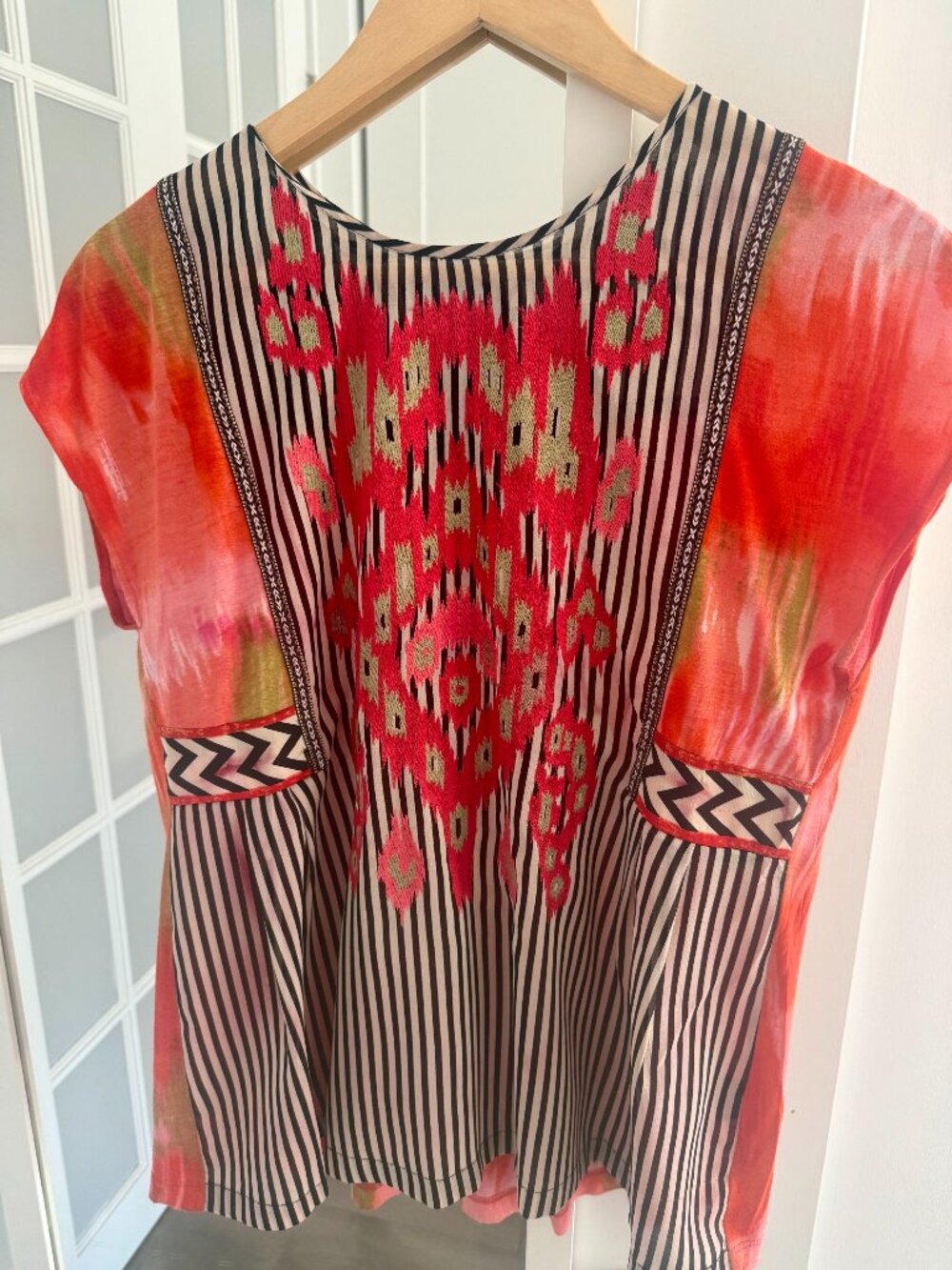 Anthropologie X Ranna Gill Embroidered Striped Mixed Media Blouse Top X-Small